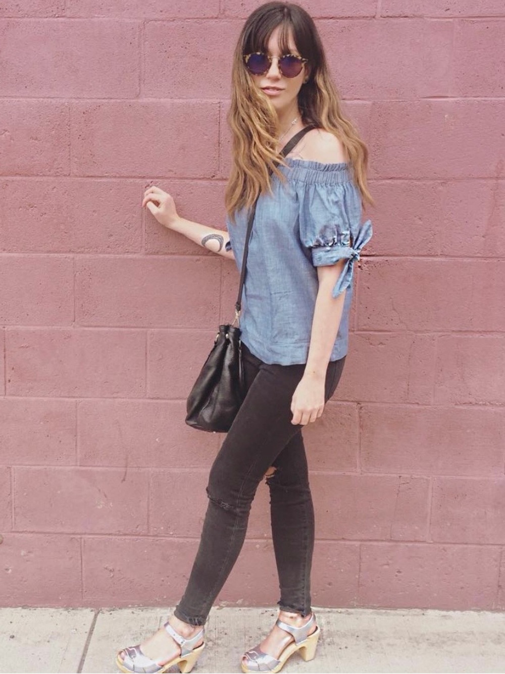 Madewell Blue Denim Off-Shoulder Tie-Sleeve Top